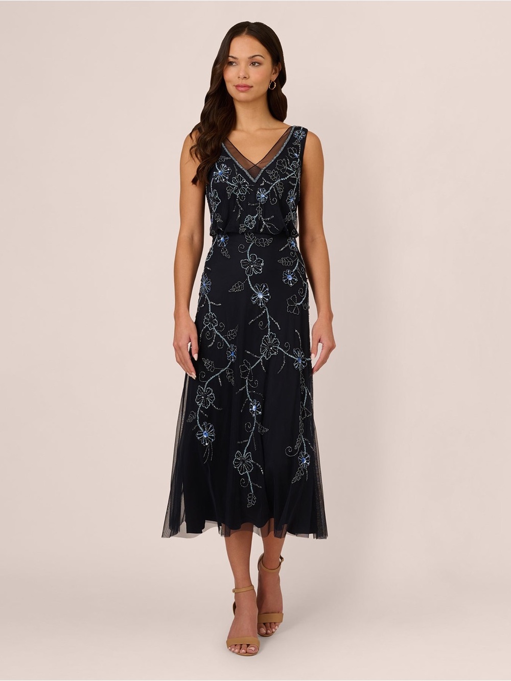 Adrianna Papell Midnight Blue Multi Beaded Floral Midi Dress NWT Size 14 Formal - Picture 2 of 15